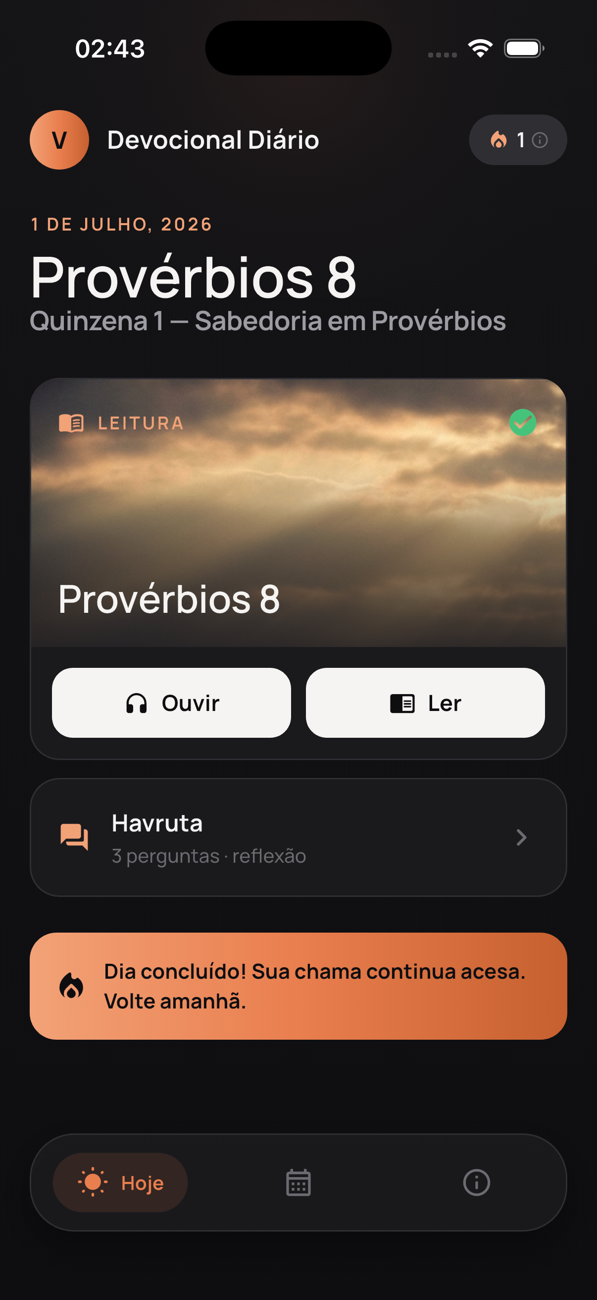 Tela inicial: Devocional Diário com a passagem do dia