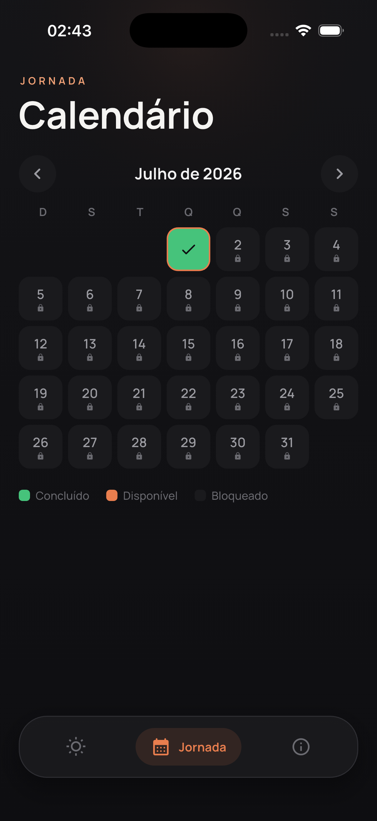 Calendário da jornada de 30 dias